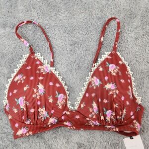 Shade & Shore Bikini Top Women 34B Rust Floral Ribbed Crochet Lace Lightly Lined